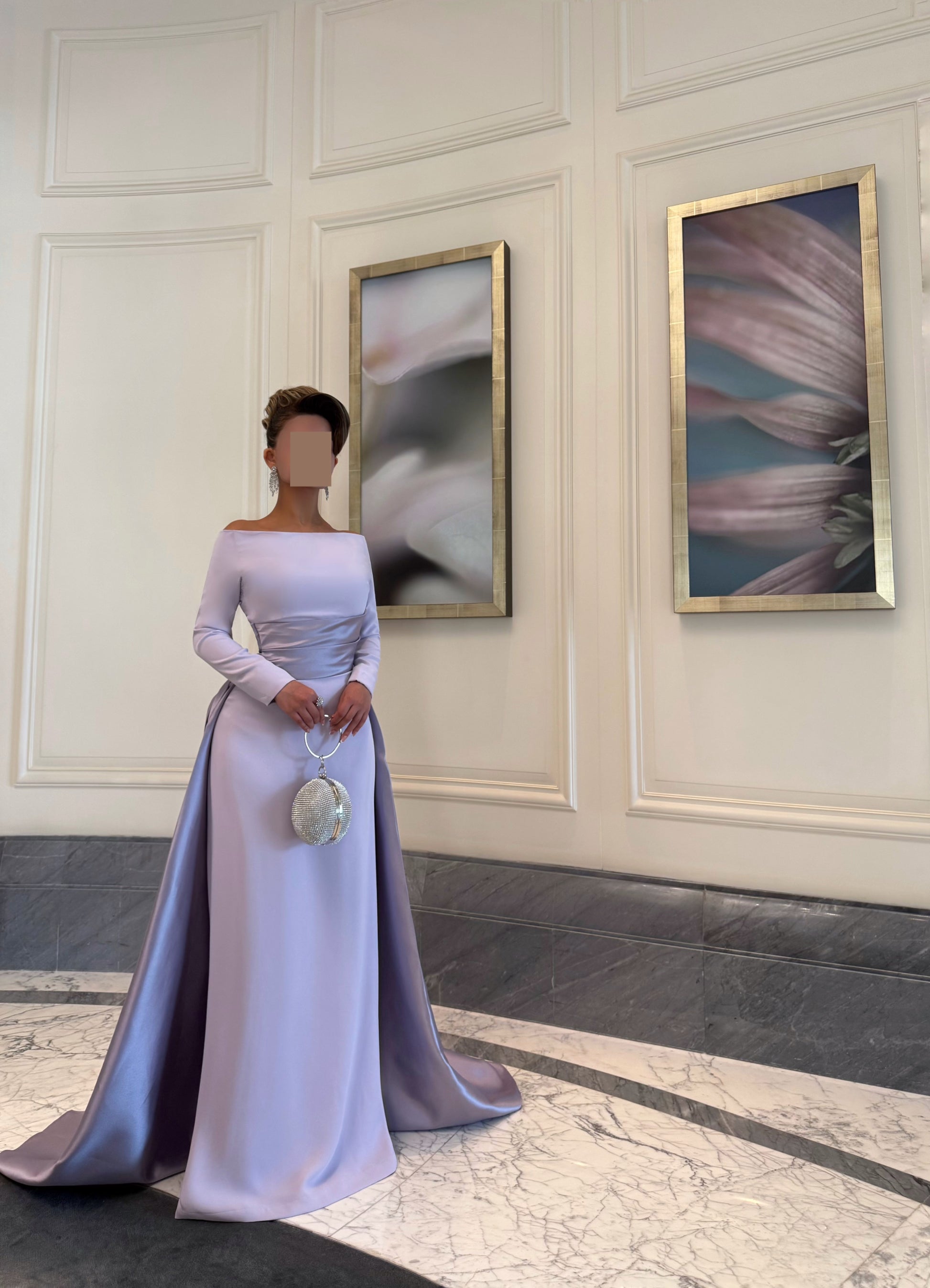 LILAC OFF SHOULDER FITTED DRESS WITH DRAPE AND TRAIL