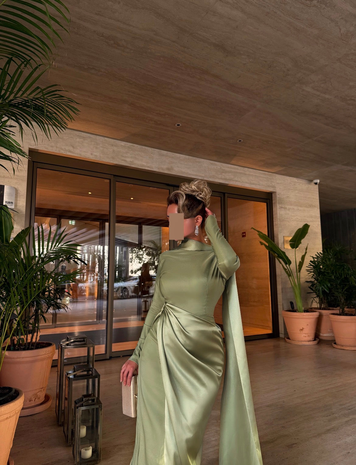 LIGHT OLIVE SEMI FITTED DRESS WITH DRAPED OVERLAY