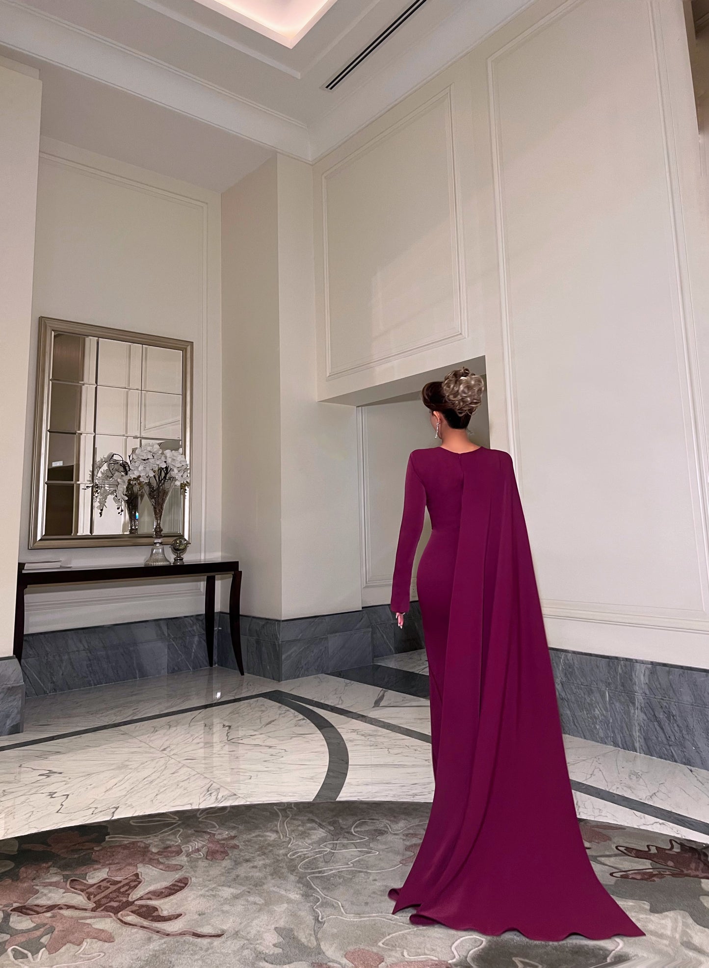 BURGUNDY SEMI FIT DRESS WITH DRAPED TRAIL