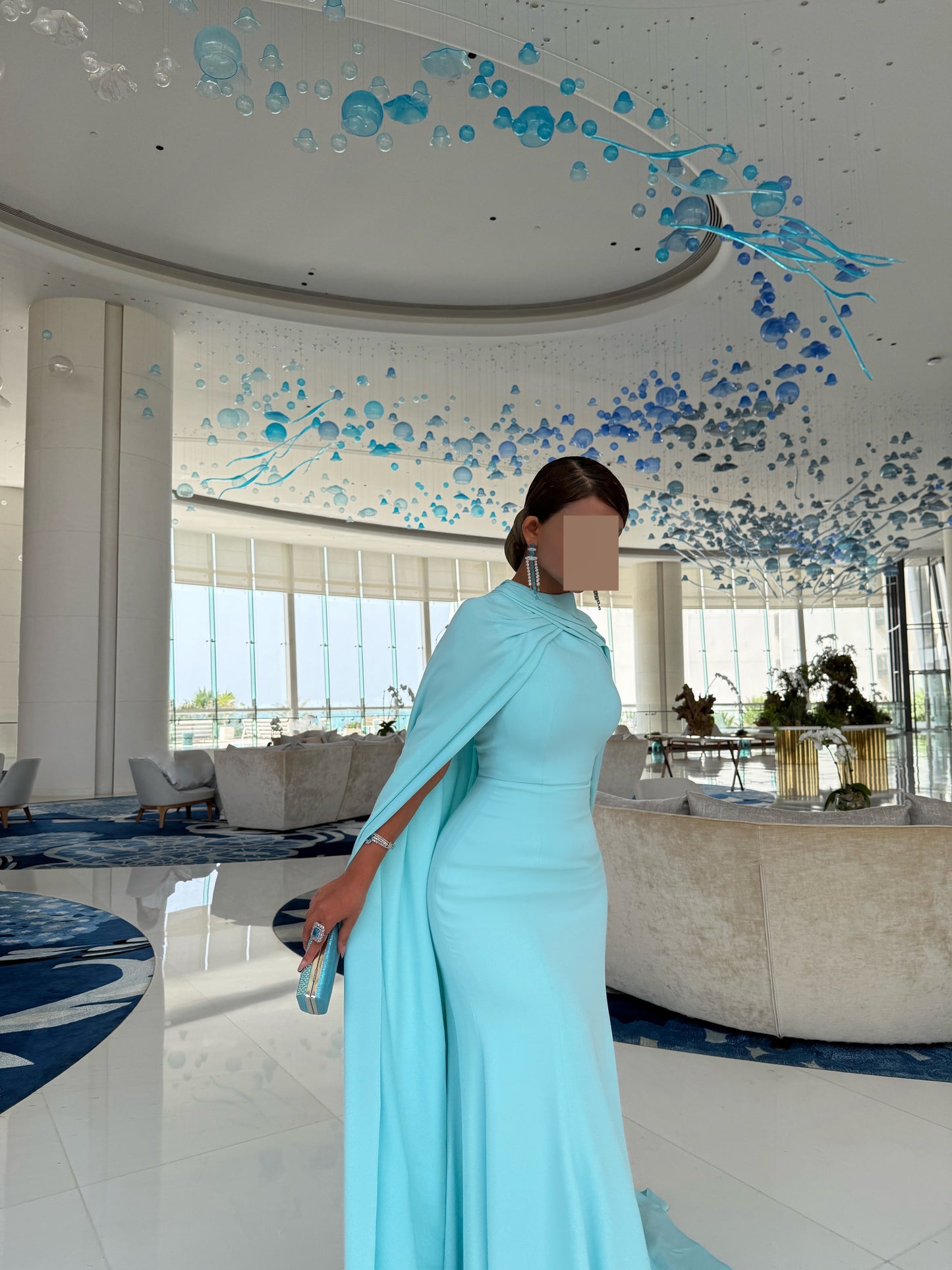 LIGHT BLUE SEMI FITTED DRESS WITH OVERLAPPING OVERLAY TRAIL