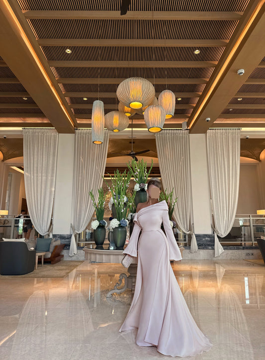 LIGHT PINK ASYMMETRIC STRAIGHT FIT DRESS WITH TRAIL