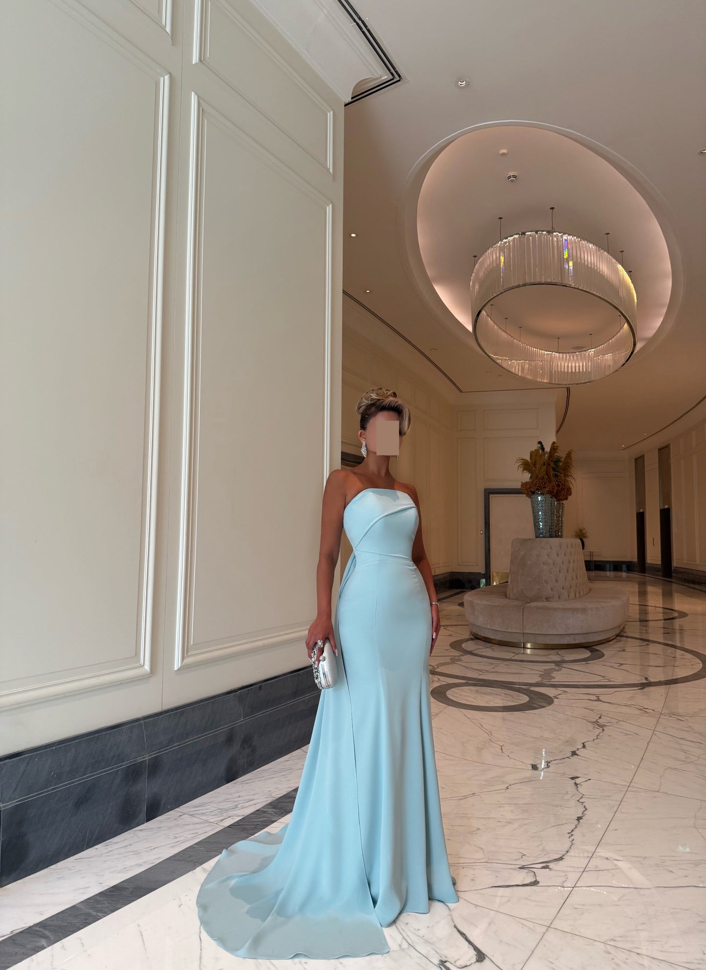 LIGHT TIFFANY ASYMMETRIC TUBE DRESS WITH TRAIL