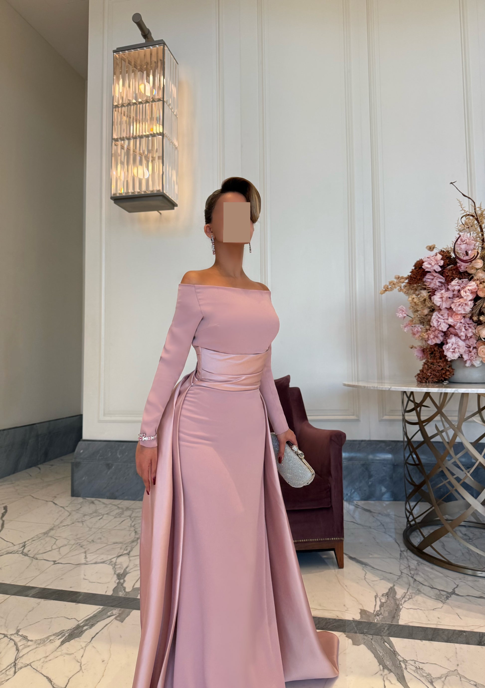 LIGHT PINK OFF SHOULDER FITTED DRESS WITH DRAPE AND TRAIL Tas Design LIGHT PINK OFF SHOULDER FITTED DRESS WITH DRAPE AND TRAIL Tas Design