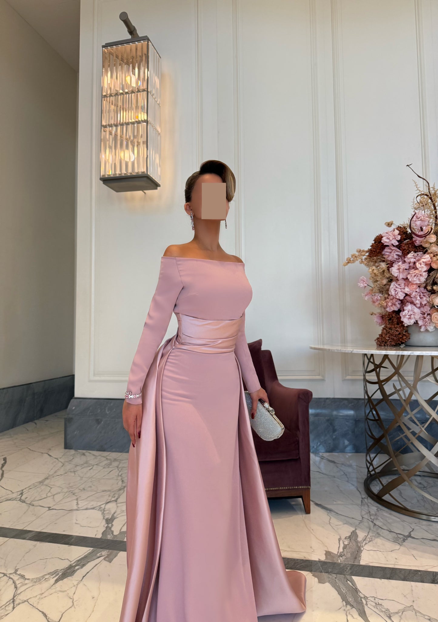 LIGHT PINK OFF SHOULDER FITTED DRESS WITH DRAPE AND TRAIL