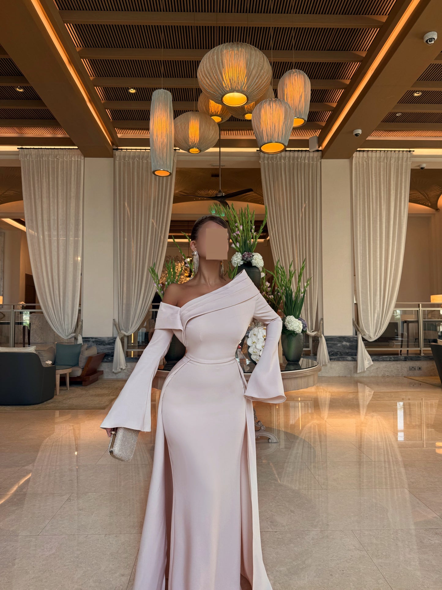 LIGHT PINK ASYMMETRIC STRAIGHT FIT DRESS WITH TRAIL