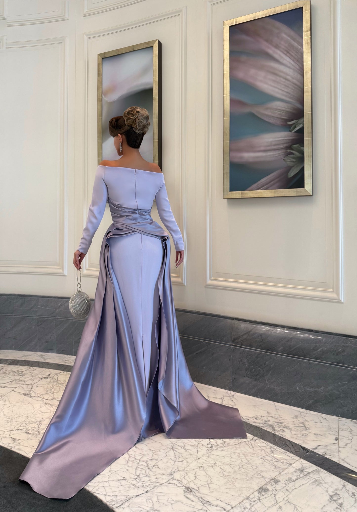 LILAC OFF SHOULDER FITTED DRESS WITH DRAPE AND TRAIL