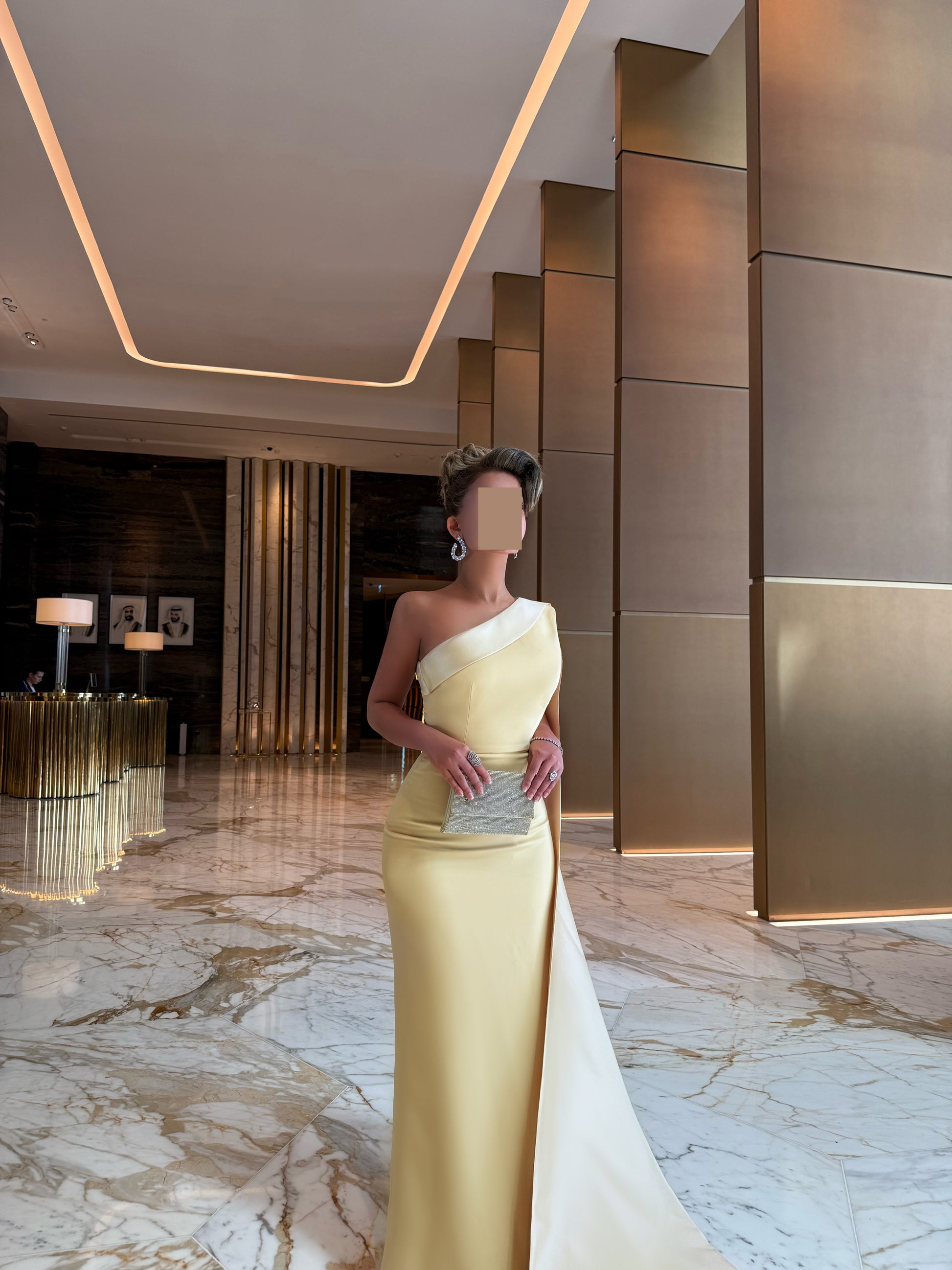 BUTTER YELLOW ONE SHOULDER STRAIGHT FIT DRESS WITH TRAIL Tas Design BUTTER YELLOW ONE SHOULDER STRAIGHT FIT DRESS WITH TRAIL Tas Design