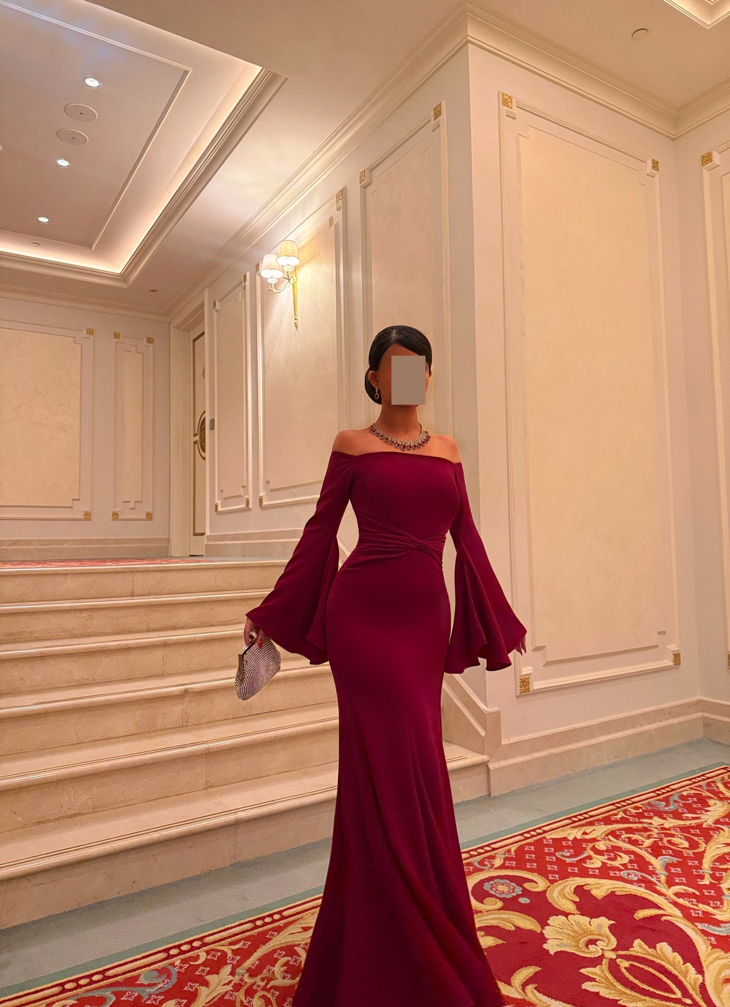 BURGUNDY OFF SHOULDER FITTED DRESS WITH EXAGGERATED SLEEVES