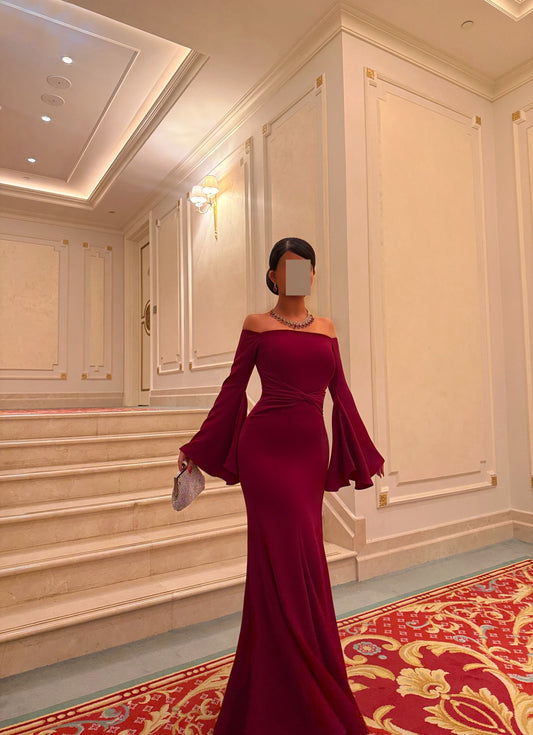 BURGUNDY OFF SHOULDER FITTED DRESS WITH EXAGGERATED SLEEVES