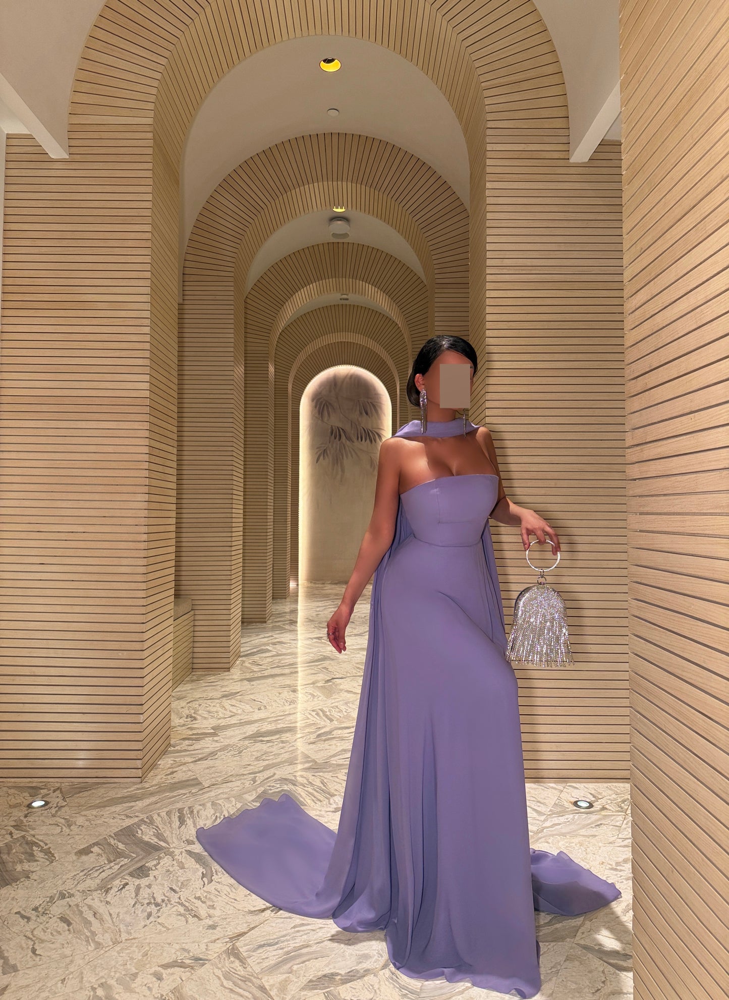 LILAC OFF-SHOULDER CAPE GOWN