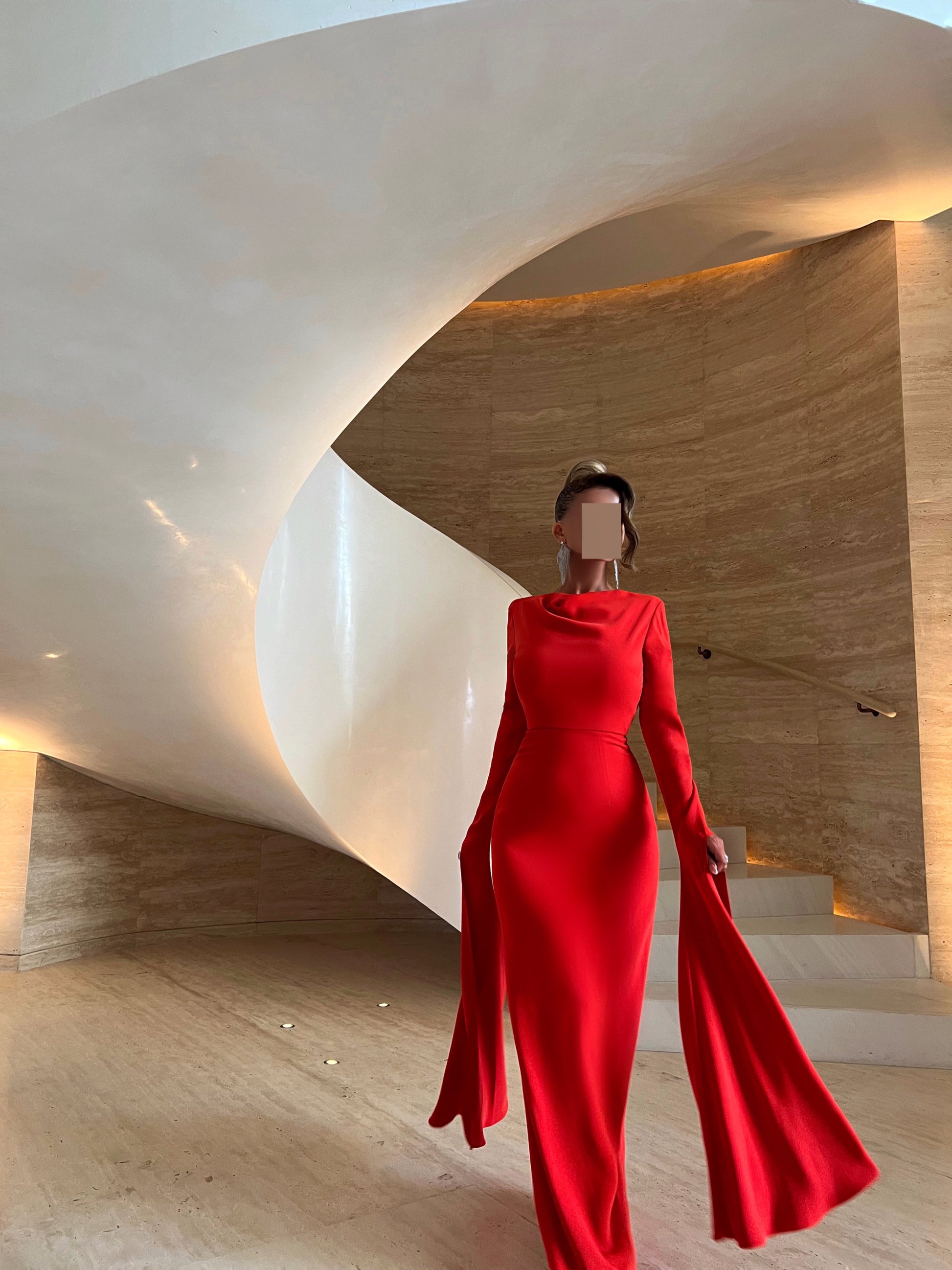 BRIGHT ORANGE COWL NECK FITTED DRESS WITH FLOOR LENGTH SLEEVES Tas Design BRIGHT ORANGE COWL NECK FITTED DRESS WITH FLOOR LENGTH SLEEVES Tas Design