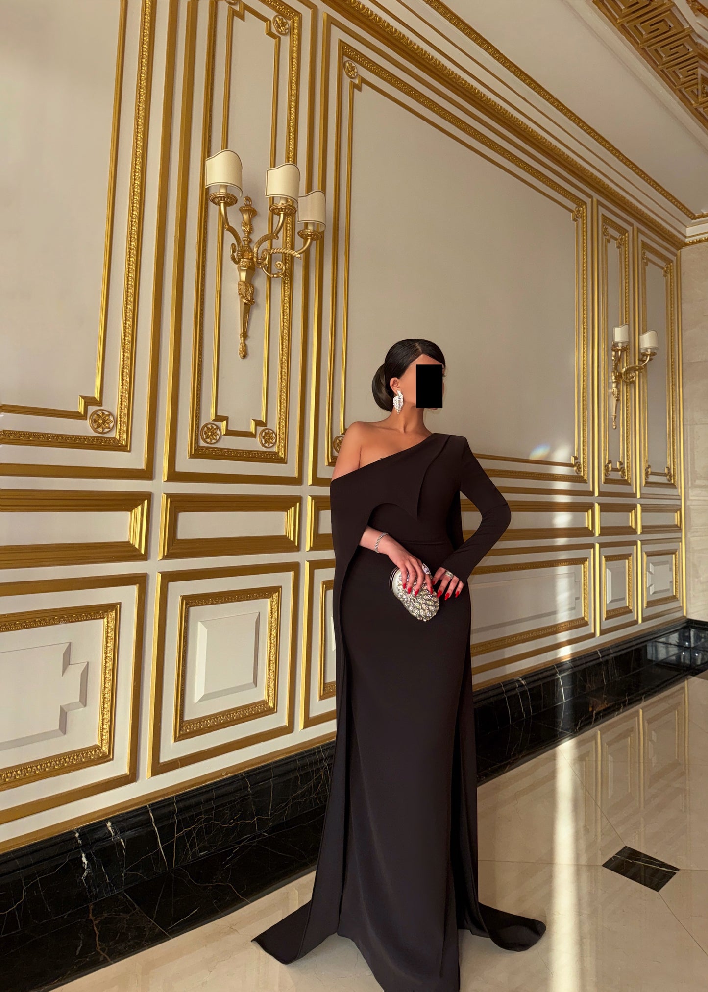 ESPRESSO NOIR OFF-SHOULDER CAPE TRIAL DRESS