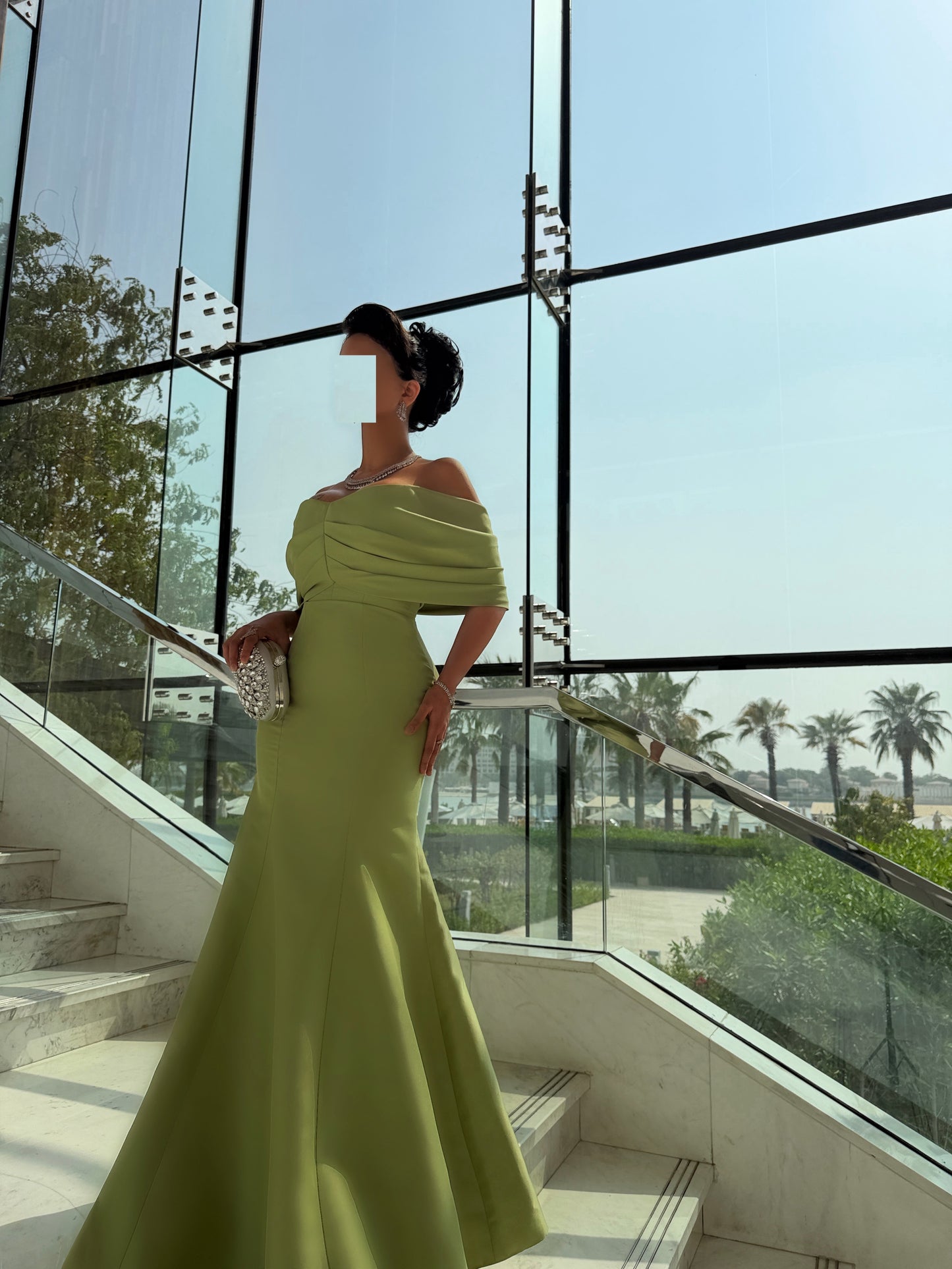 PISTACHIO OFF SHOULDER FITTED DRESS WITH DRAPED OVERLAY