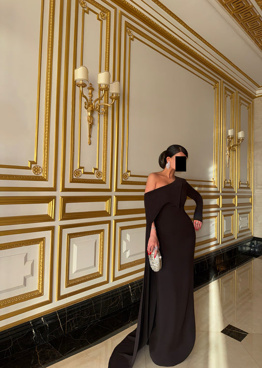 ESPRESSO NOIR OFF-SHOULDER CAPE TRIAL DRESS