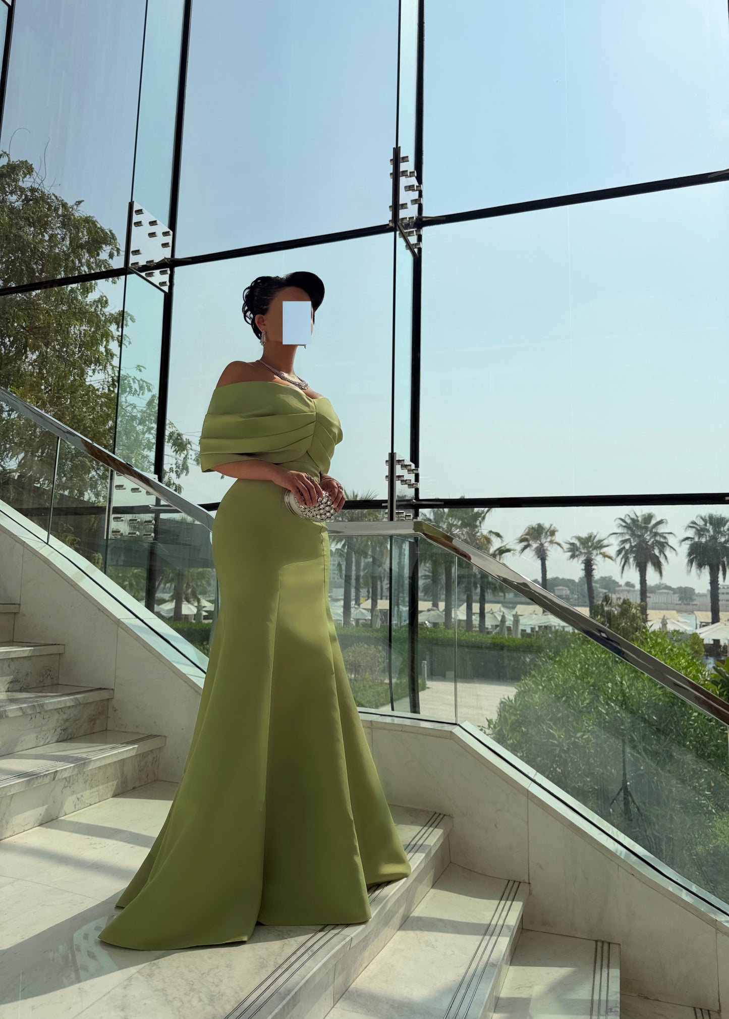 PISTACHIO OFF SHOULDER FITTED DRESS WITH DRAPED OVERLAY