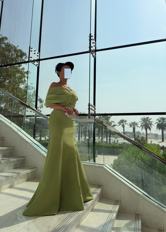 PISTACHIO OFF SHOULDER FITTED DRESS WITH DRAPED OVERLAY