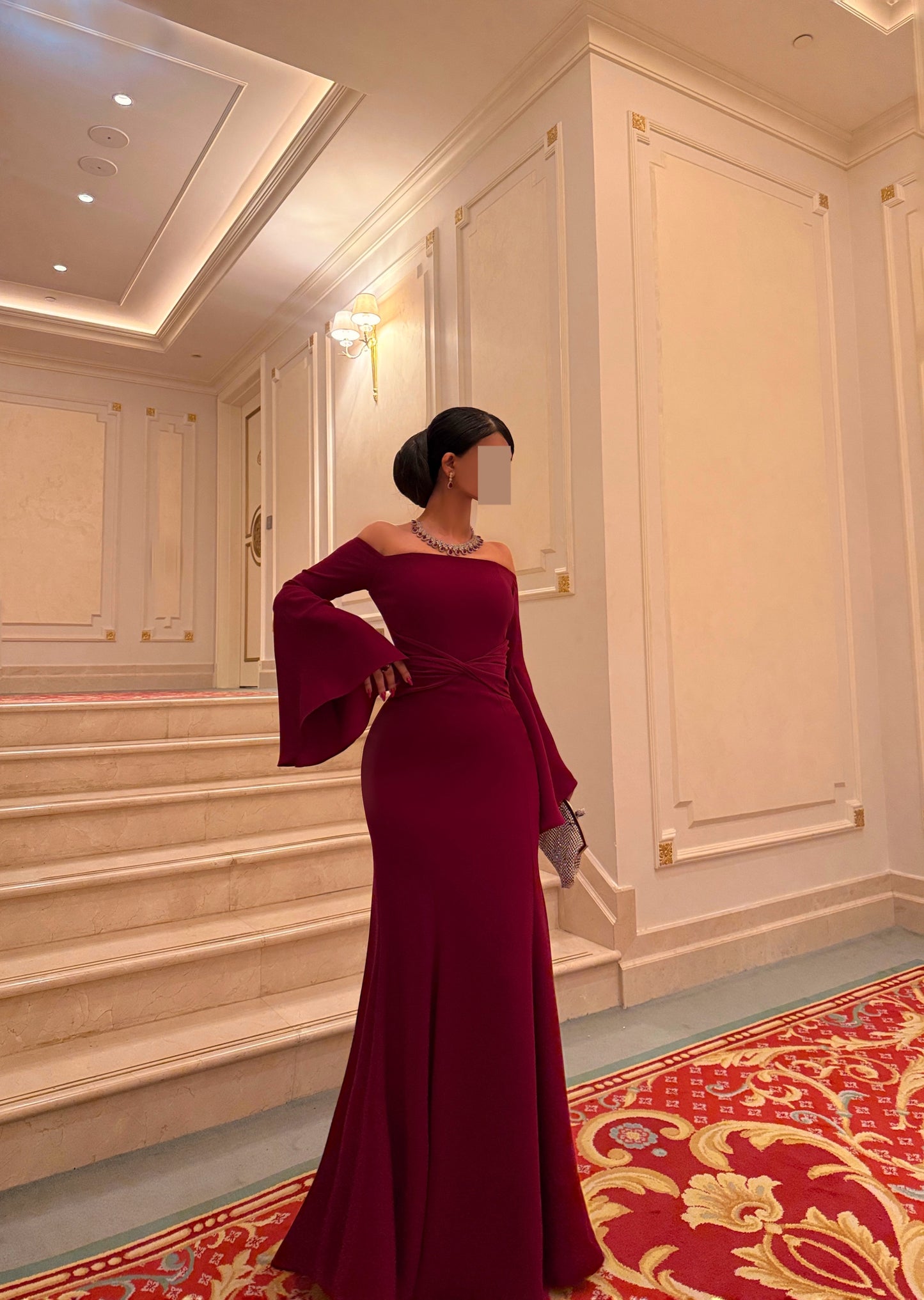 BURGUNDY OFF SHOULDER FITTED DRESS WITH EXAGGERATED SLEEVES