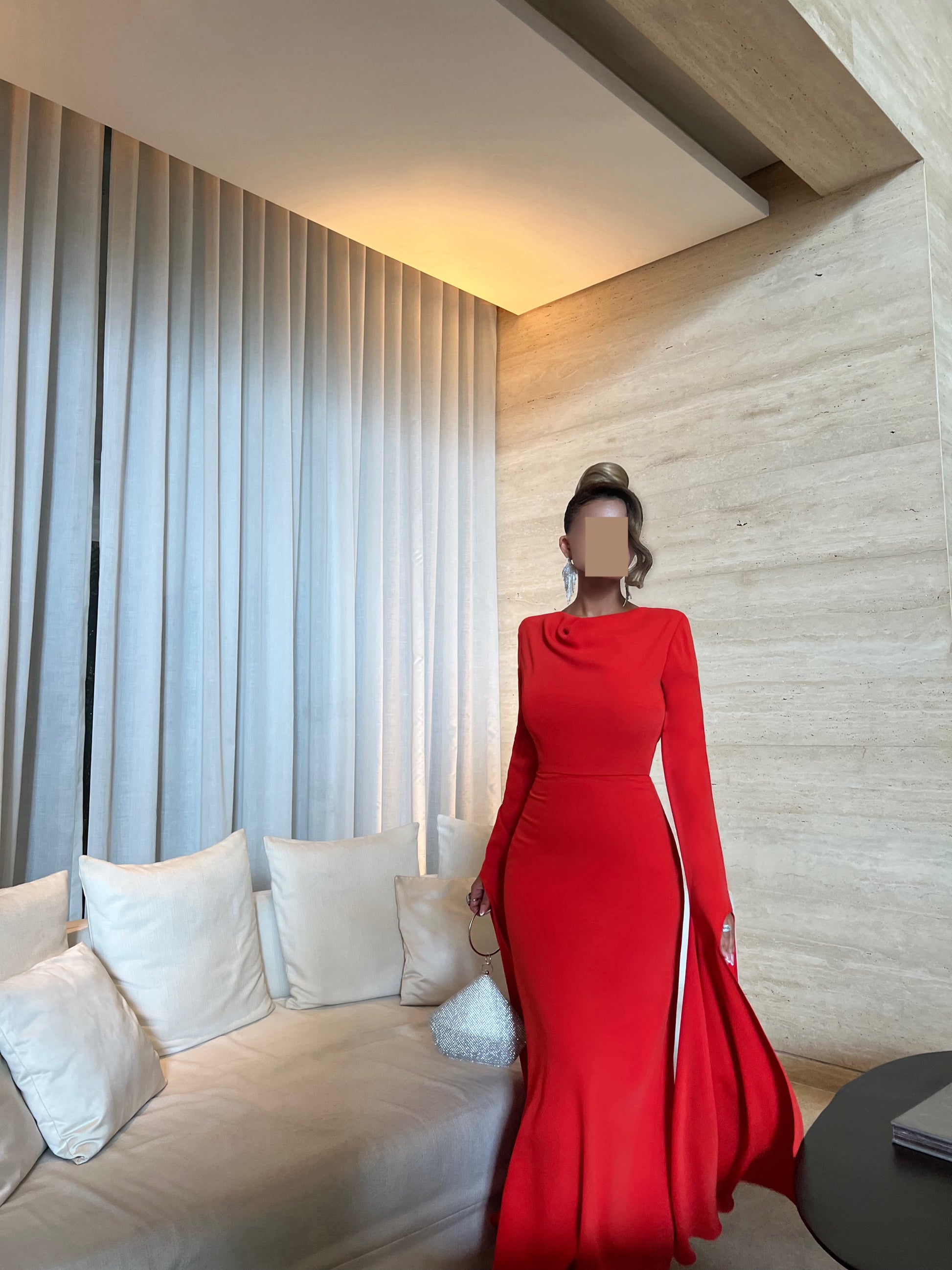 BRIGHT ORANGE COWL NECK FITTED DRESS WITH FLOOR LENGTH SLEEVES Tas Design BRIGHT ORANGE COWL NECK FITTED DRESS WITH FLOOR LENGTH SLEEVES Tas Design