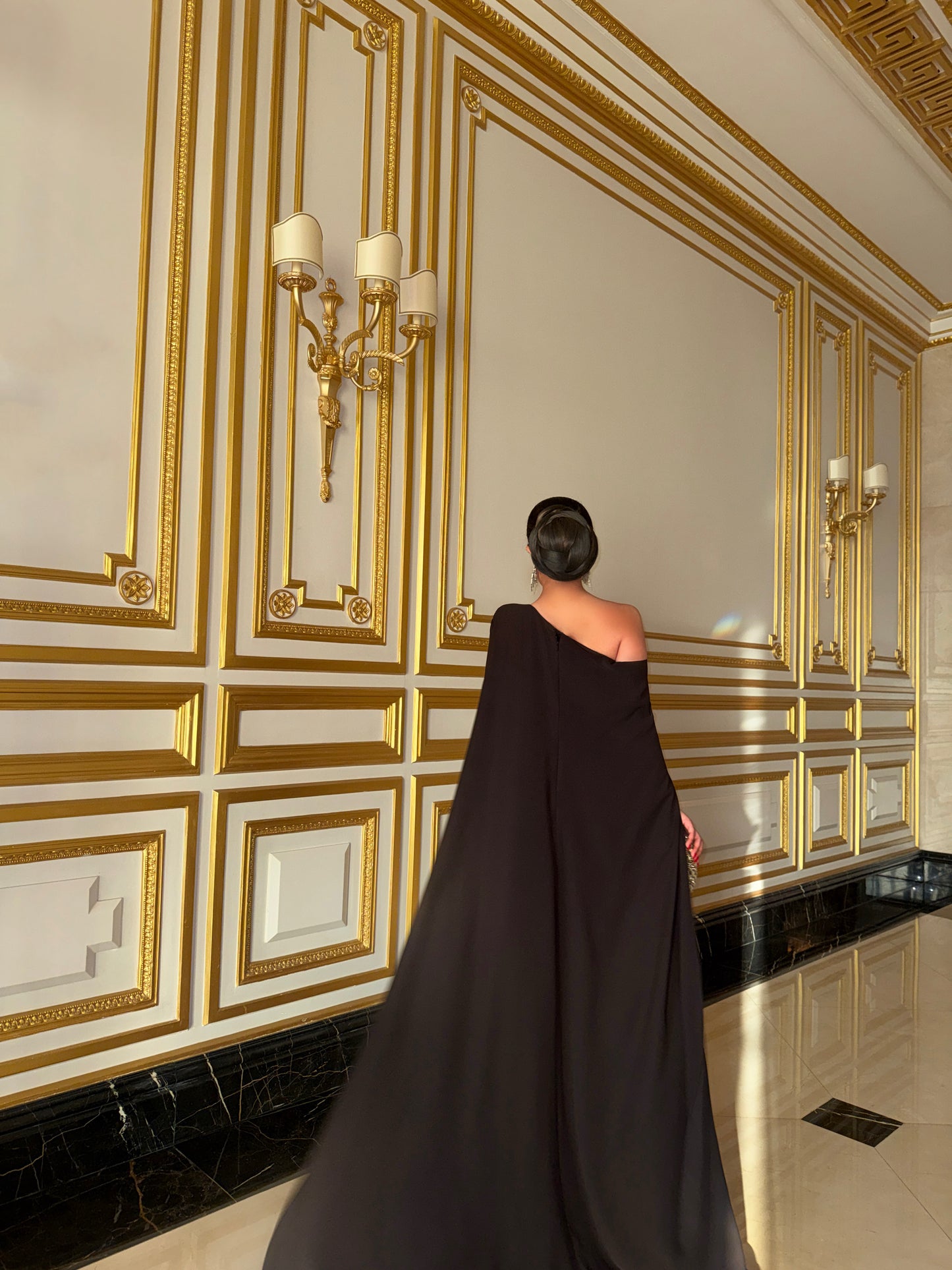 ESPRESSO NOIR OFF-SHOULDER CAPE TRIAL DRESS