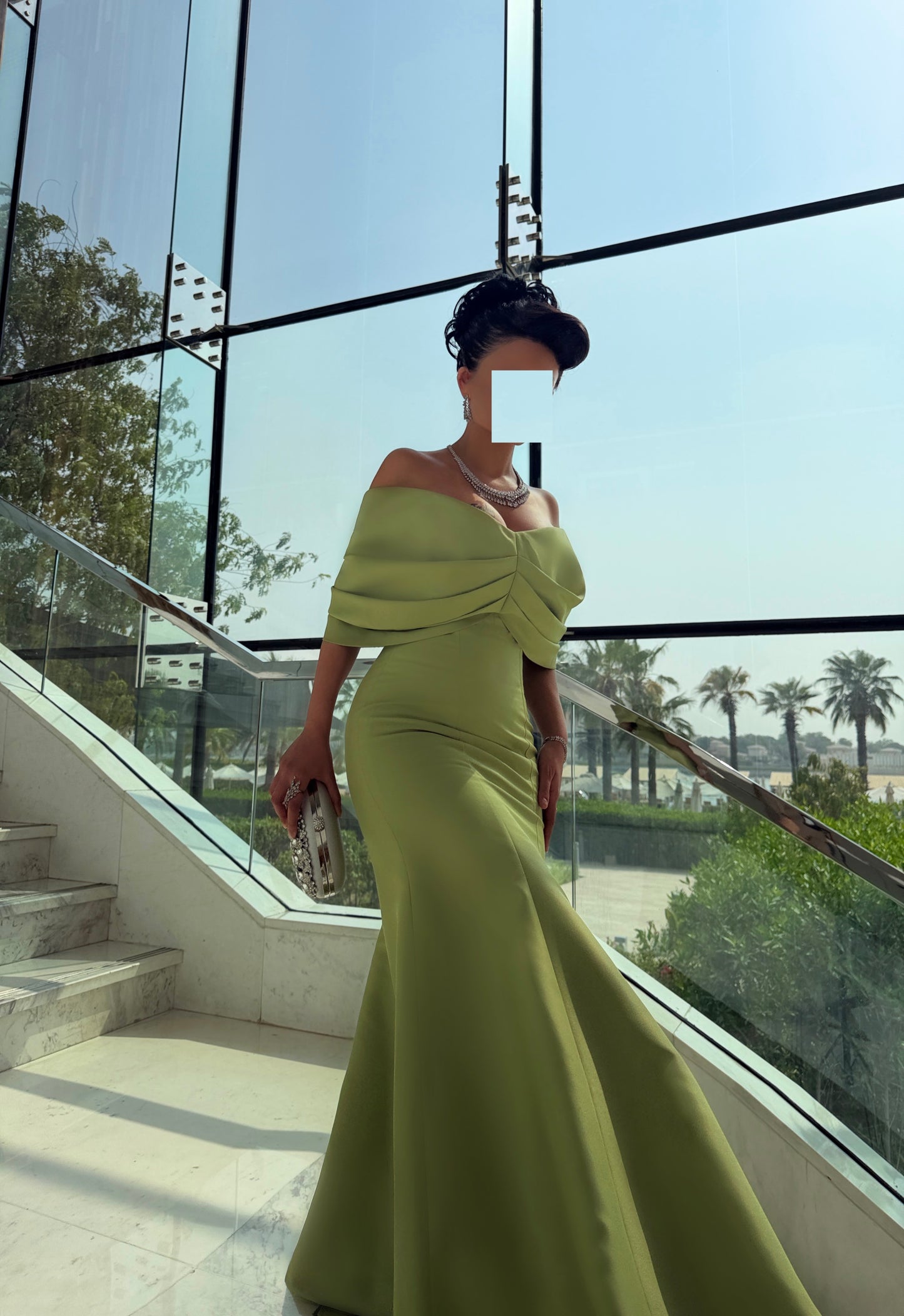 PISTACHIO OFF SHOULDER FITTED DRESS WITH DRAPED OVERLAY