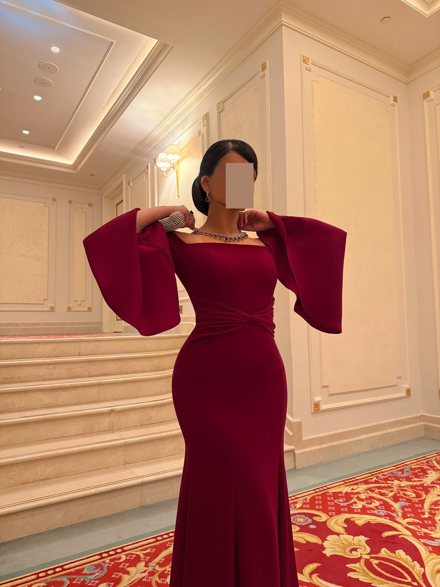 BURGUNDY OFF SHOULDER FITTED DRESS WITH EXAGGERATED SLEEVES