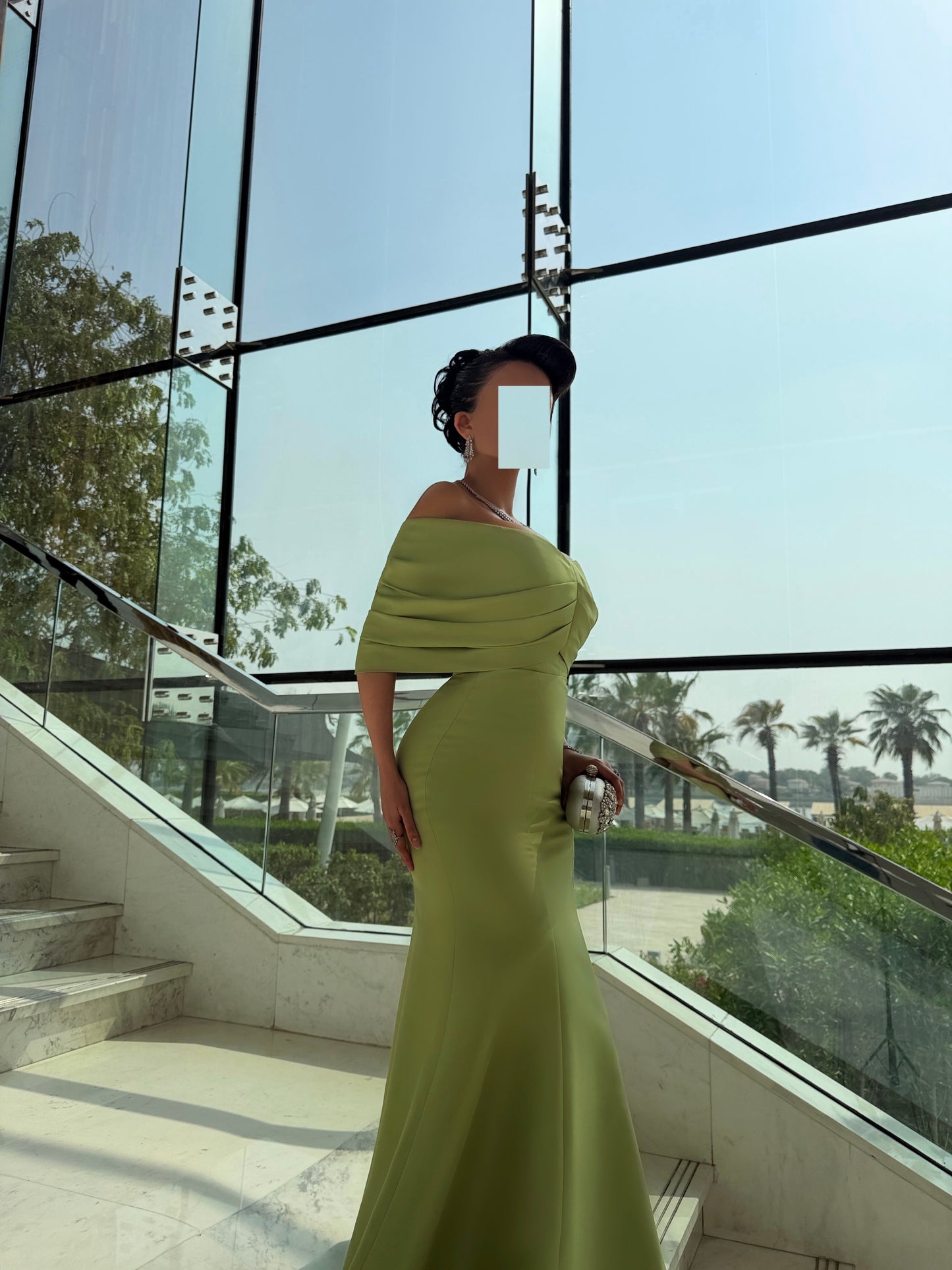 PISTACHIO OFF SHOULDER FITTED DRESS WITH DRAPED OVERLAY