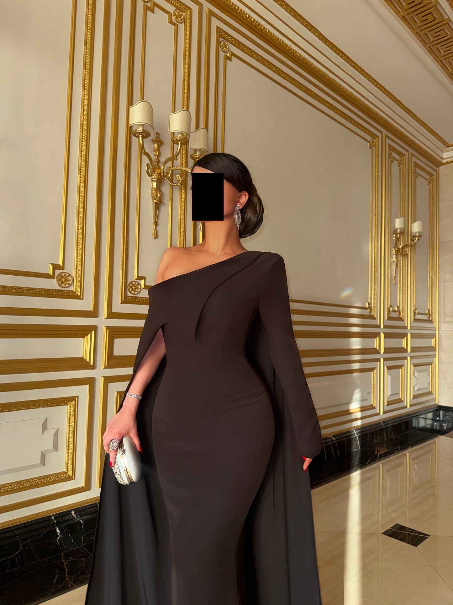 ESPRESSO NOIR OFF-SHOULDER CAPE TRIAL DRESS