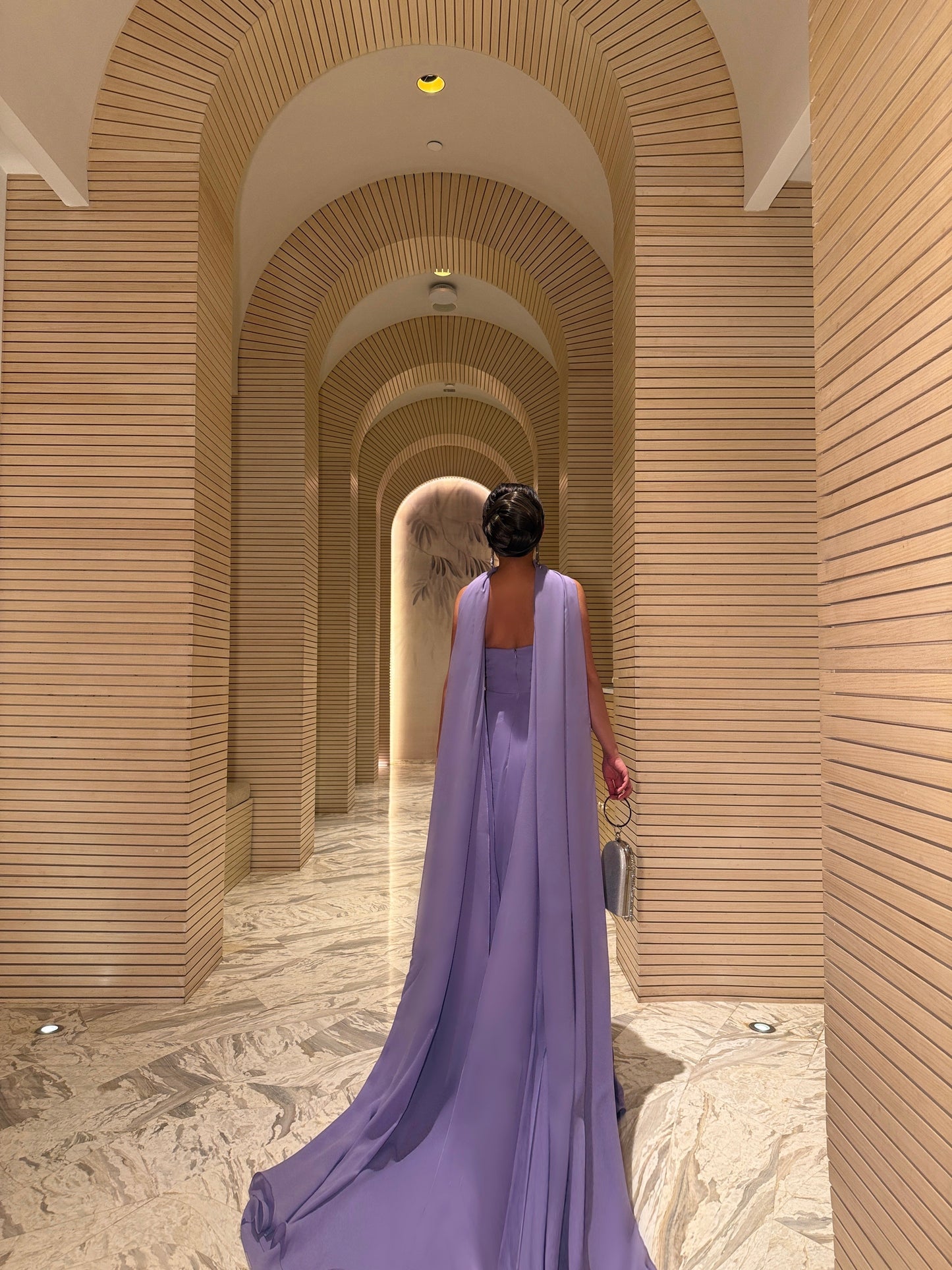 LILAC OFF-SHOULDER CAPE GOWN