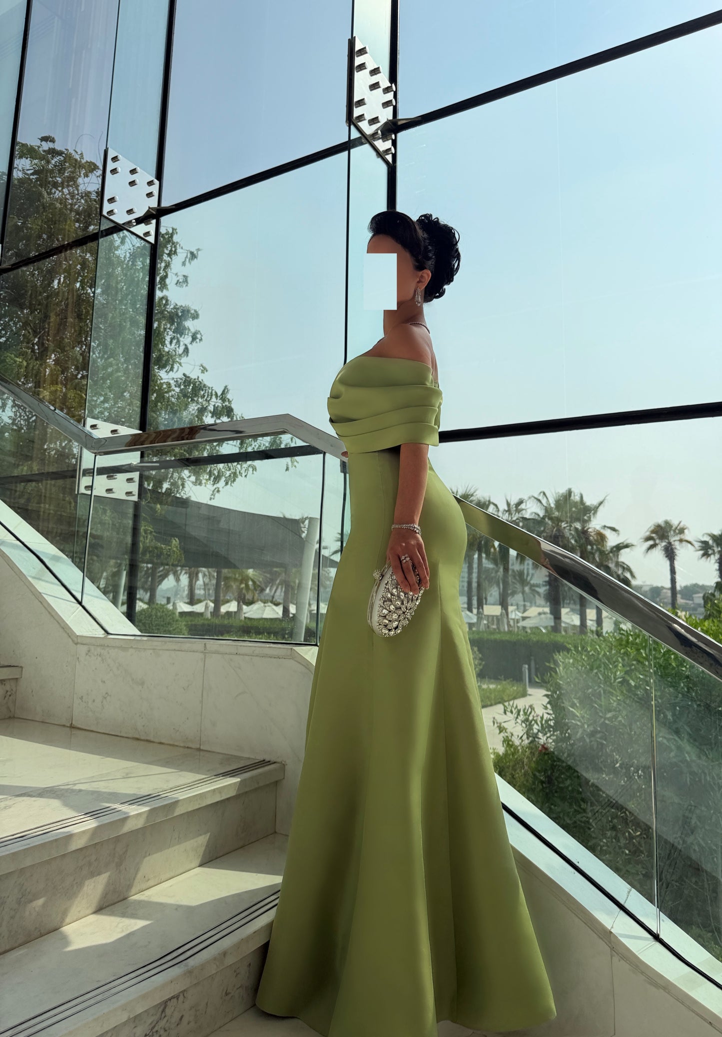 PISTACHIO OFF SHOULDER FITTED DRESS WITH DRAPED OVERLAY