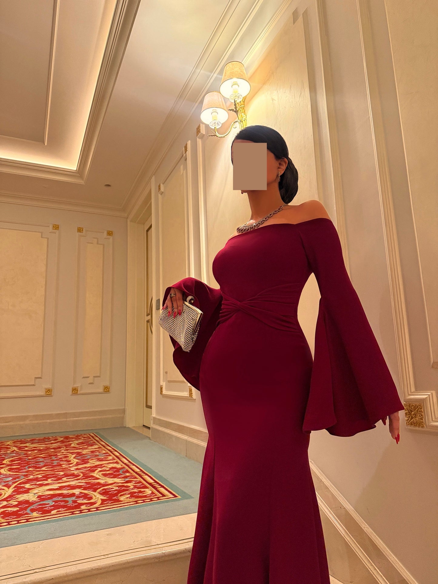 BURGUNDY OFF SHOULDER FITTED DRESS WITH EXAGGERATED SLEEVES