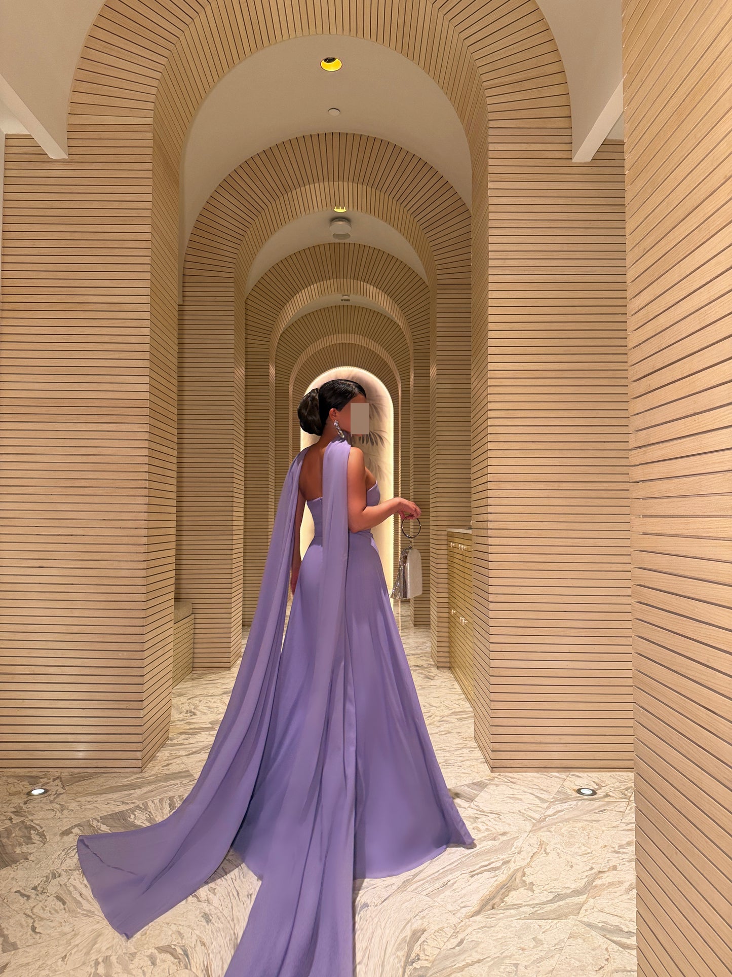 LILAC OFF-SHOULDER CAPE GOWN
