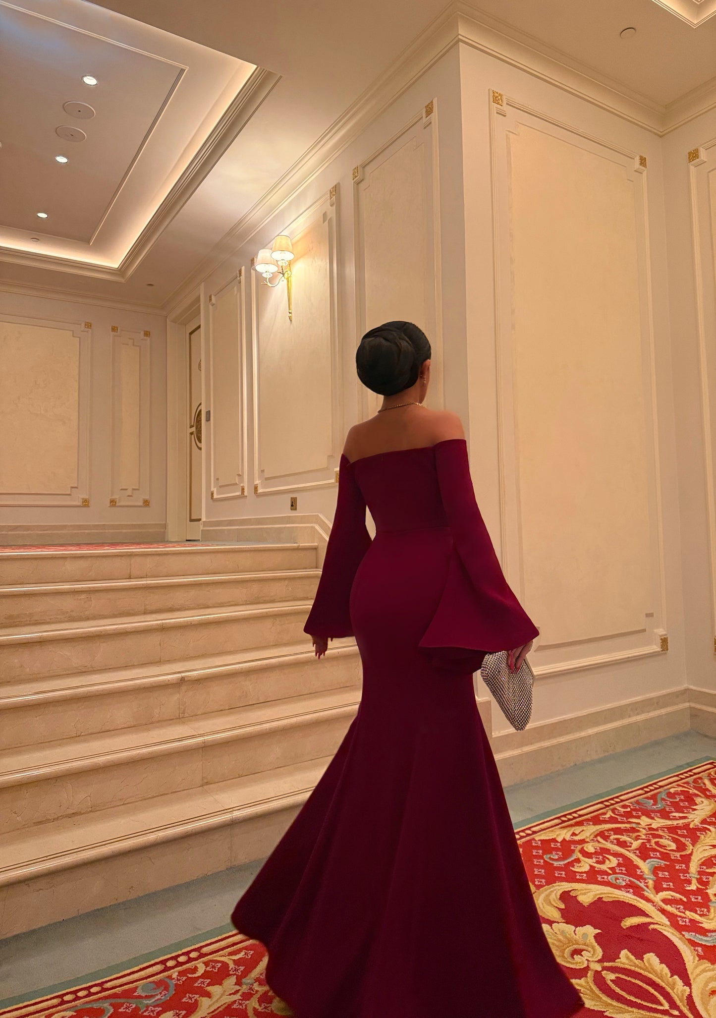 BURGUNDY OFF SHOULDER FITTED DRESS WITH EXAGGERATED SLEEVES