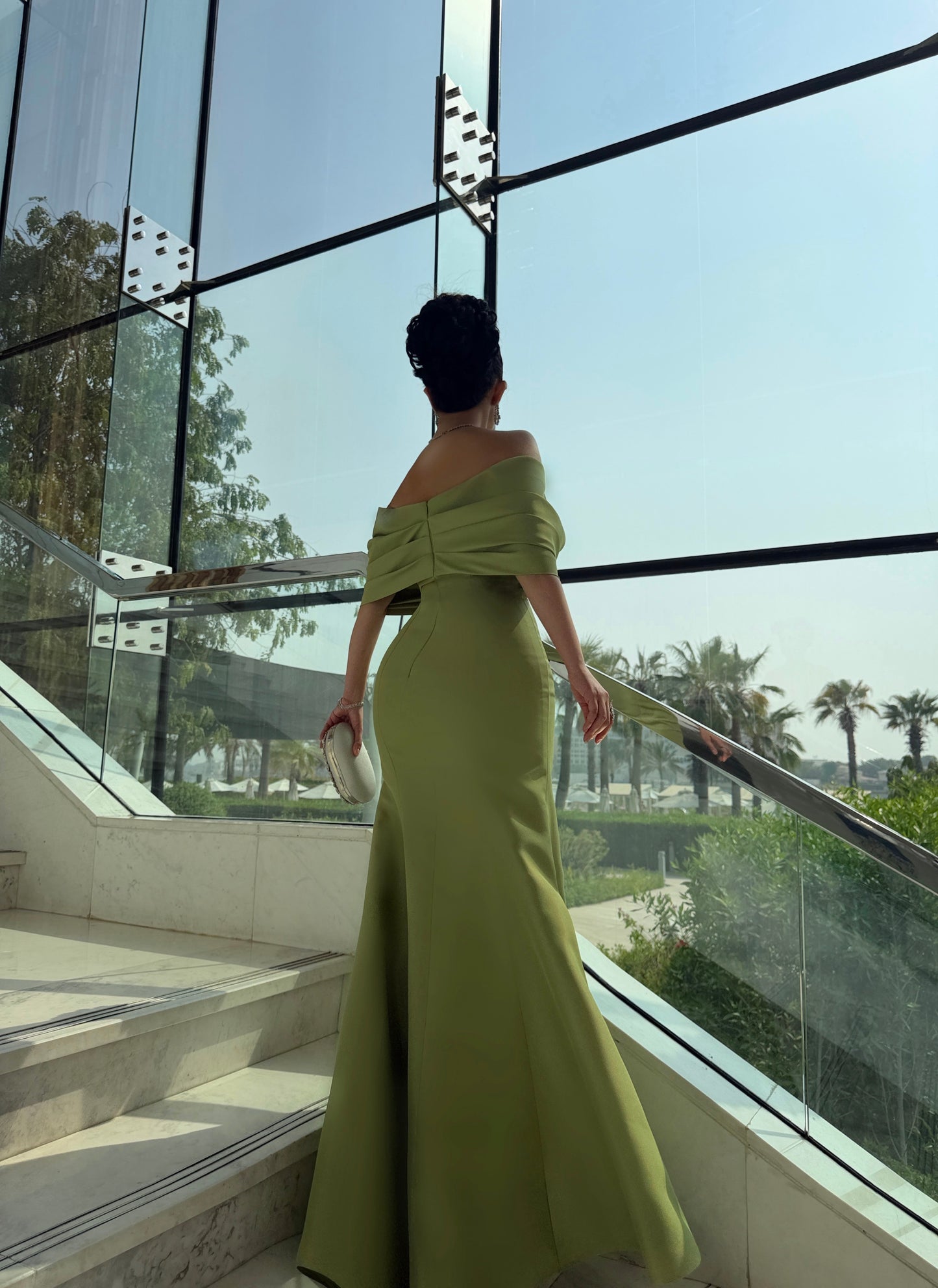 PISTACHIO OFF SHOULDER FITTED DRESS WITH DRAPED OVERLAY