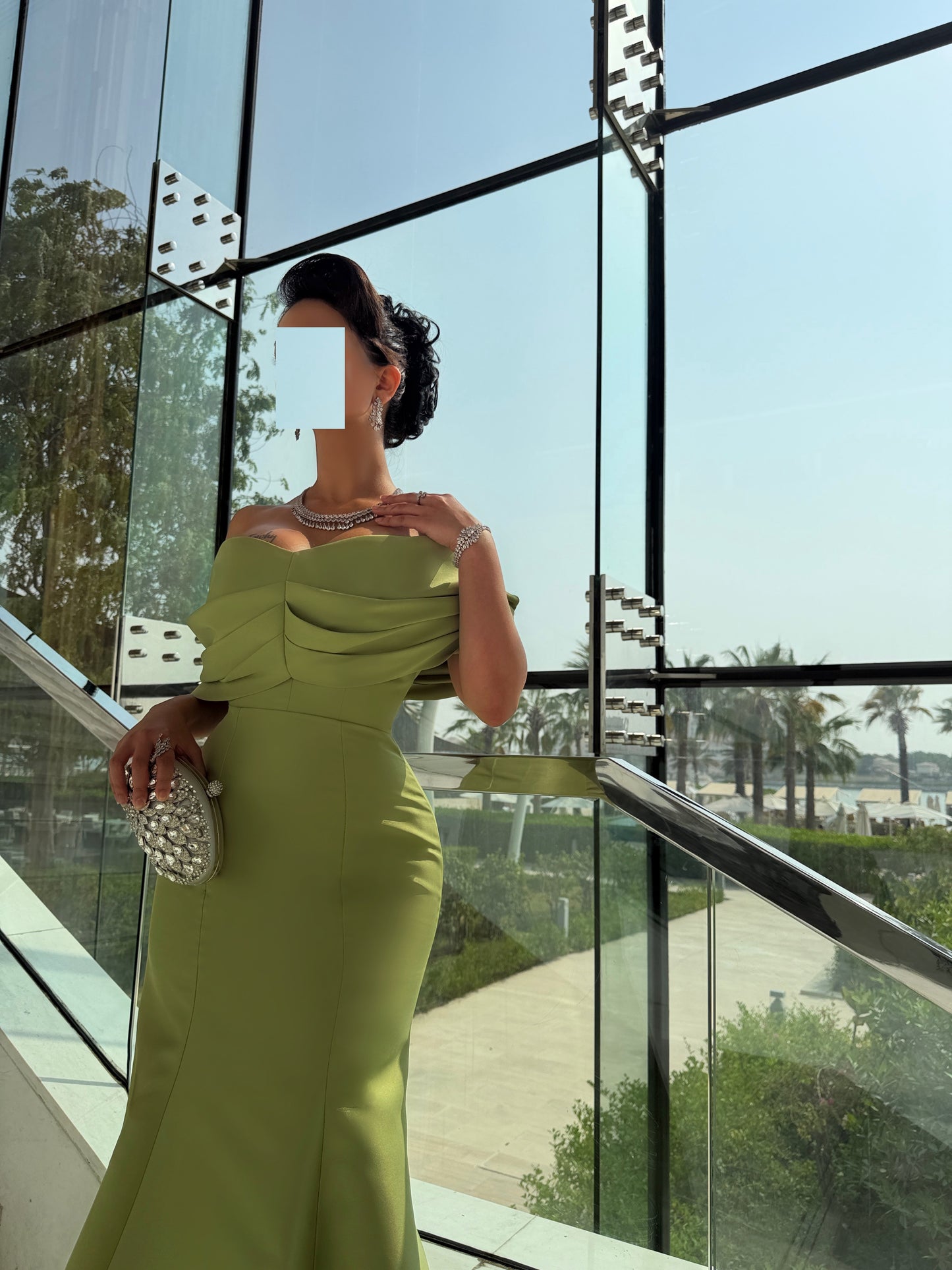 PISTACHIO OFF SHOULDER FITTED DRESS WITH DRAPED OVERLAY