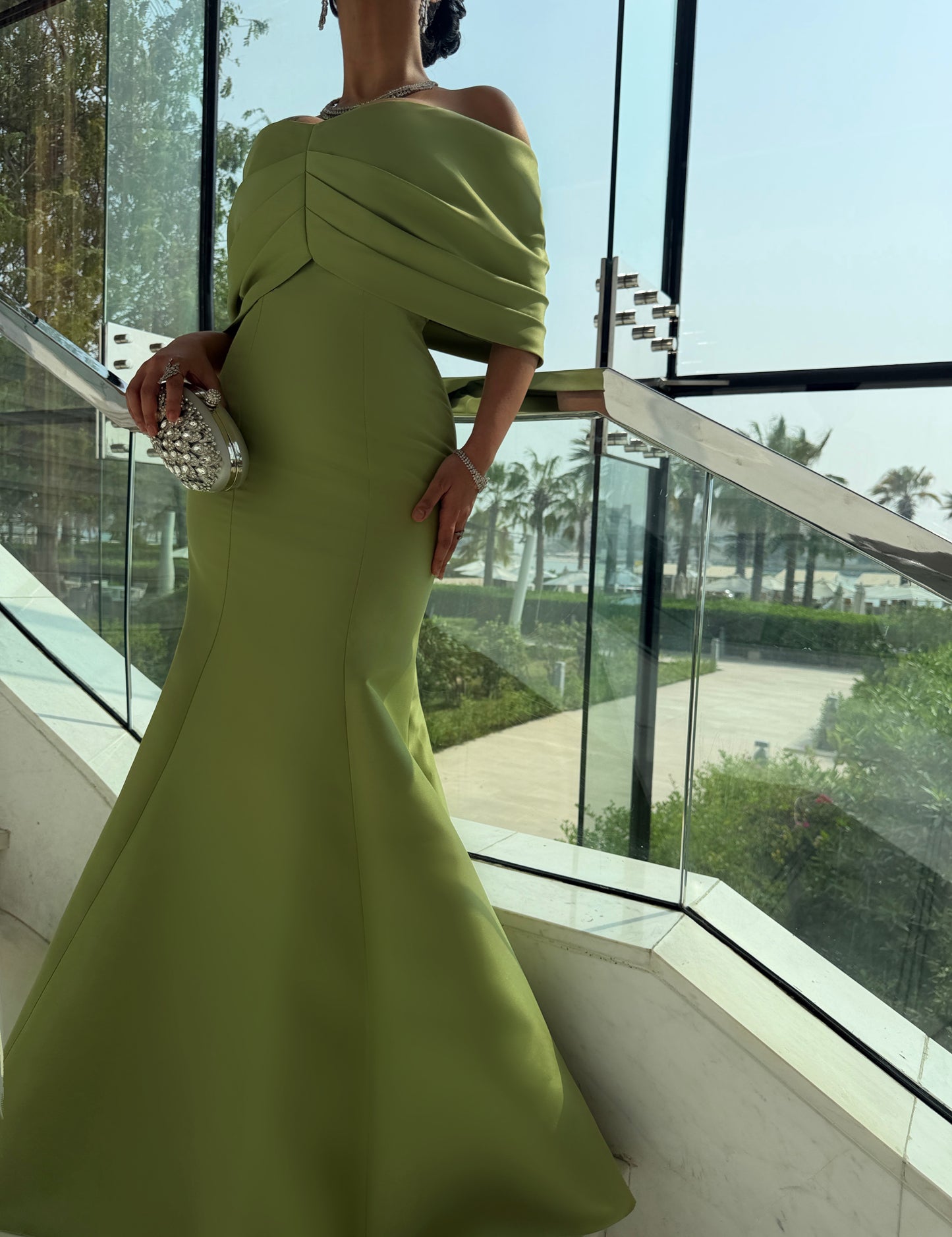 PISTACHIO OFF SHOULDER FITTED DRESS WITH DRAPED OVERLAY