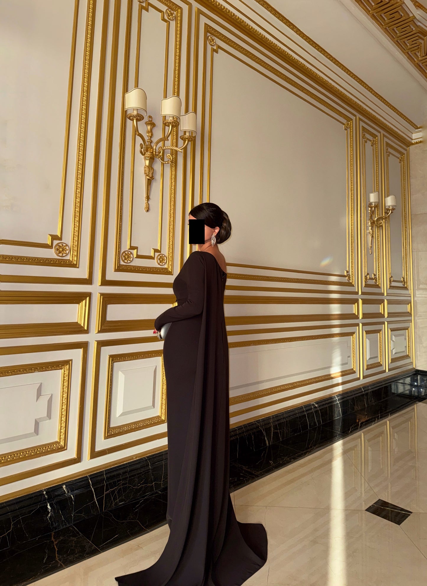 ESPRESSO NOIR OFF-SHOULDER CAPE TRIAL DRESS